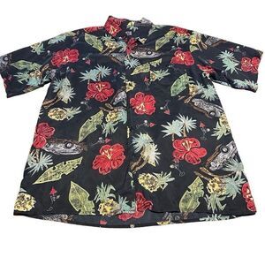 Vtg Montage Mens 100% Silk Hawaiian Shirt Button Up Pocket Black Pineapple Sz L